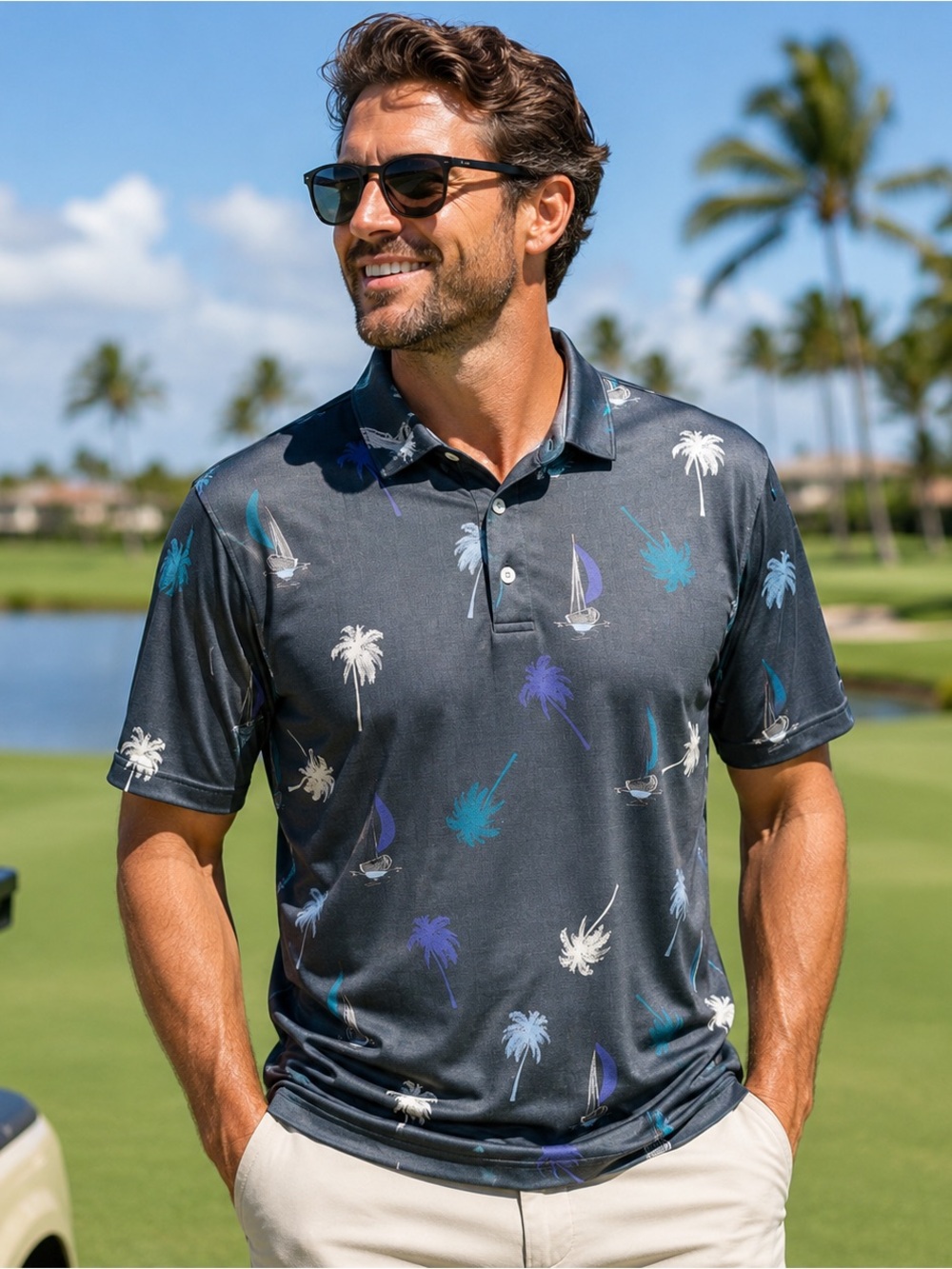 Yatta Golf Performance Polo Men’s XL Gray Palm Tree Sailboat Print Resort Golf
